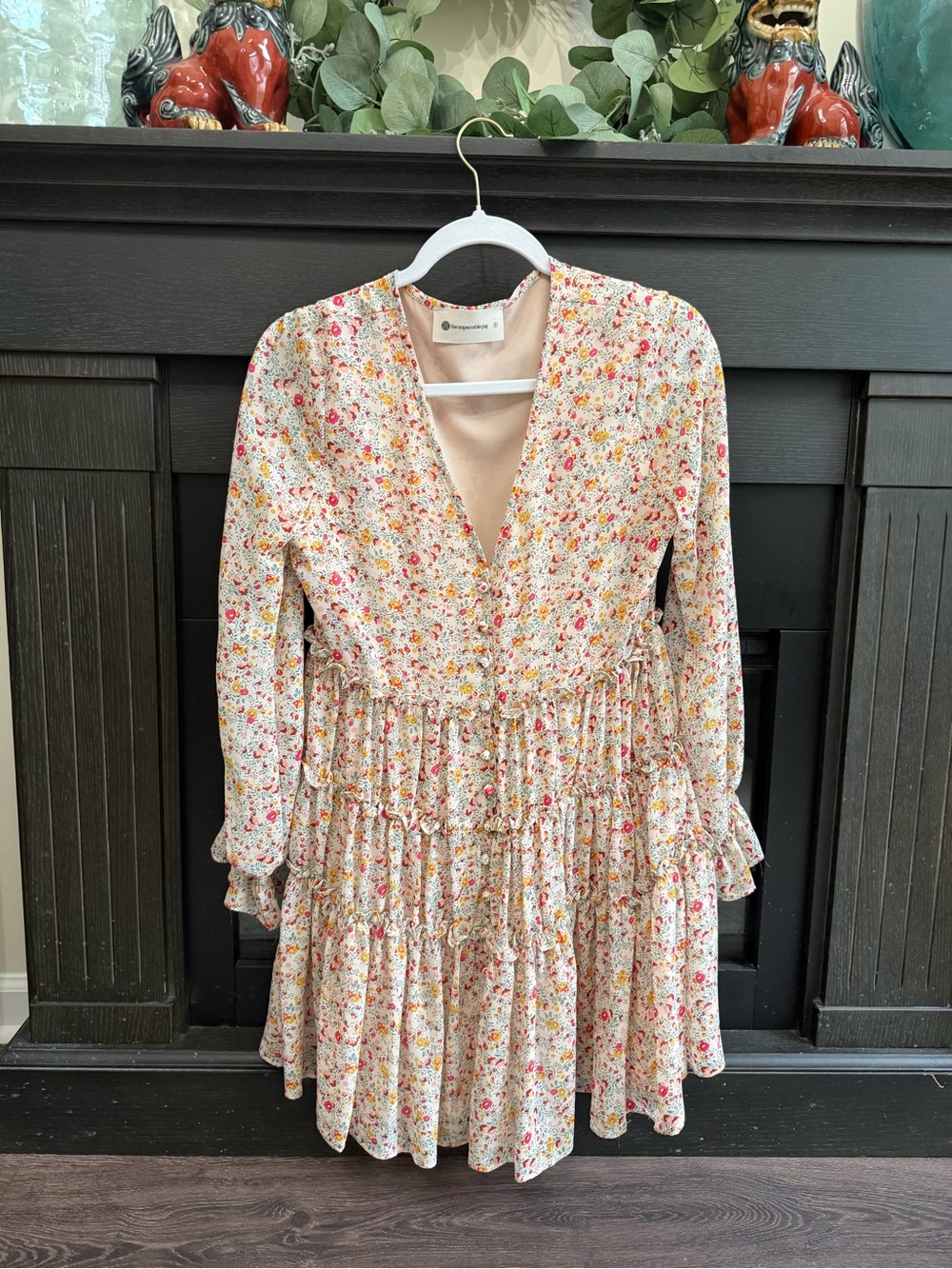 The Impeccable Pig Cream Floral Tiered Mini Dress with Pink & Yellow Accents